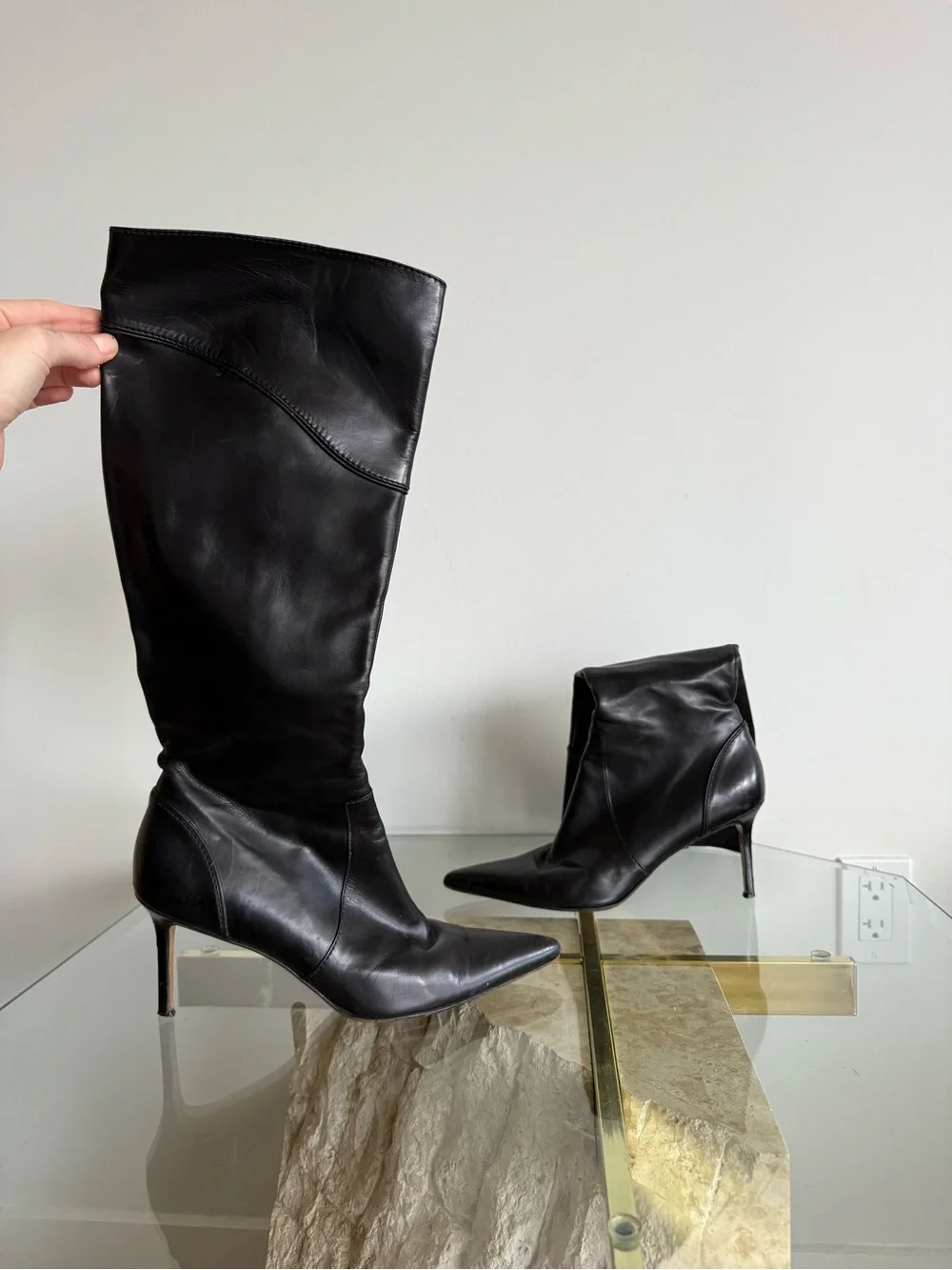 Vintage Christian Dior black leather knee-high stiletto boots Y2K US 8.5